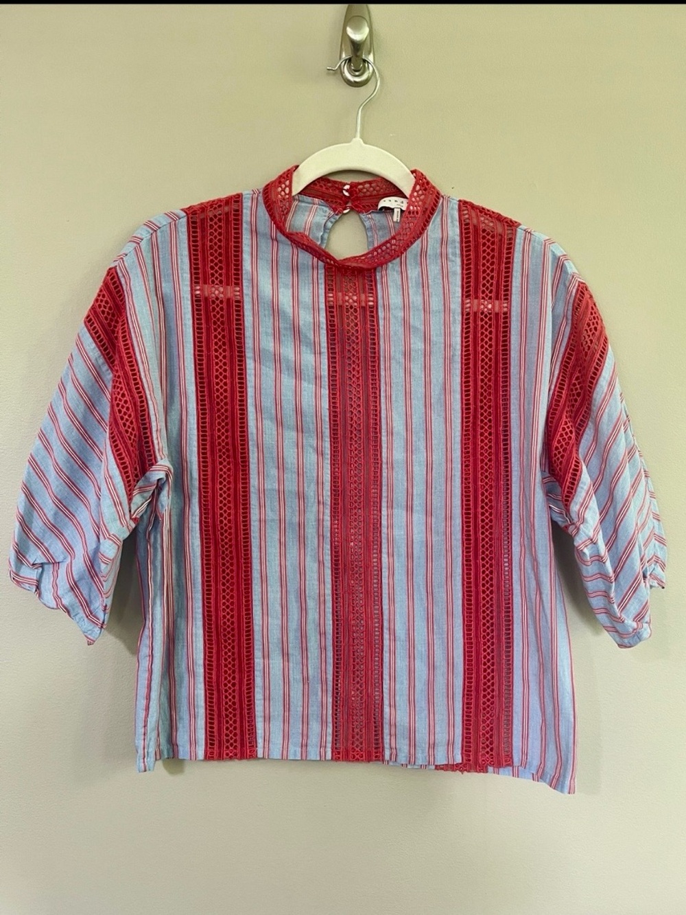 Sandro Paris Blue & Red Striped Crochet Lace-Inset Top size small /4